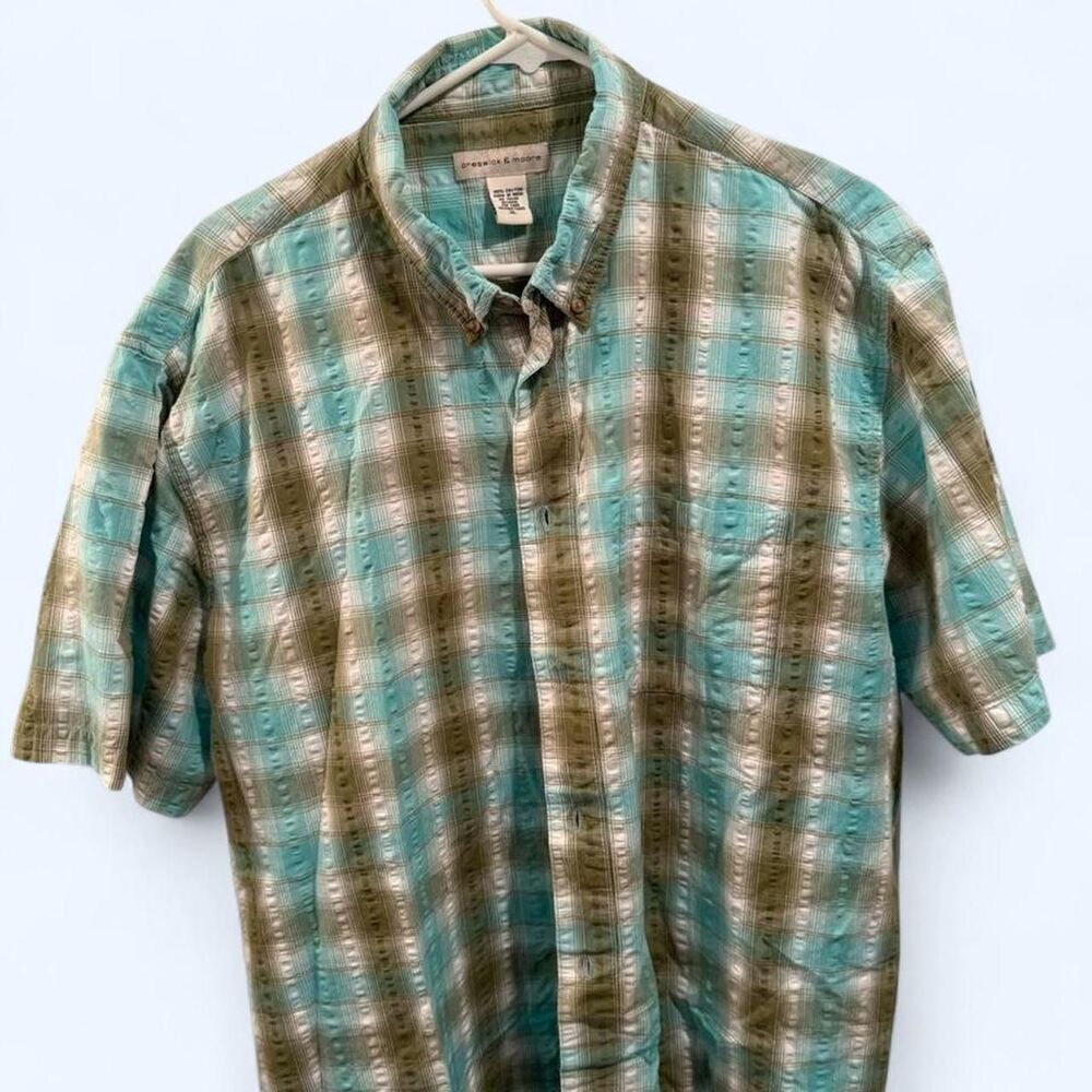 Preswick & Moore blue and green plaid button-up shirt Size XL #